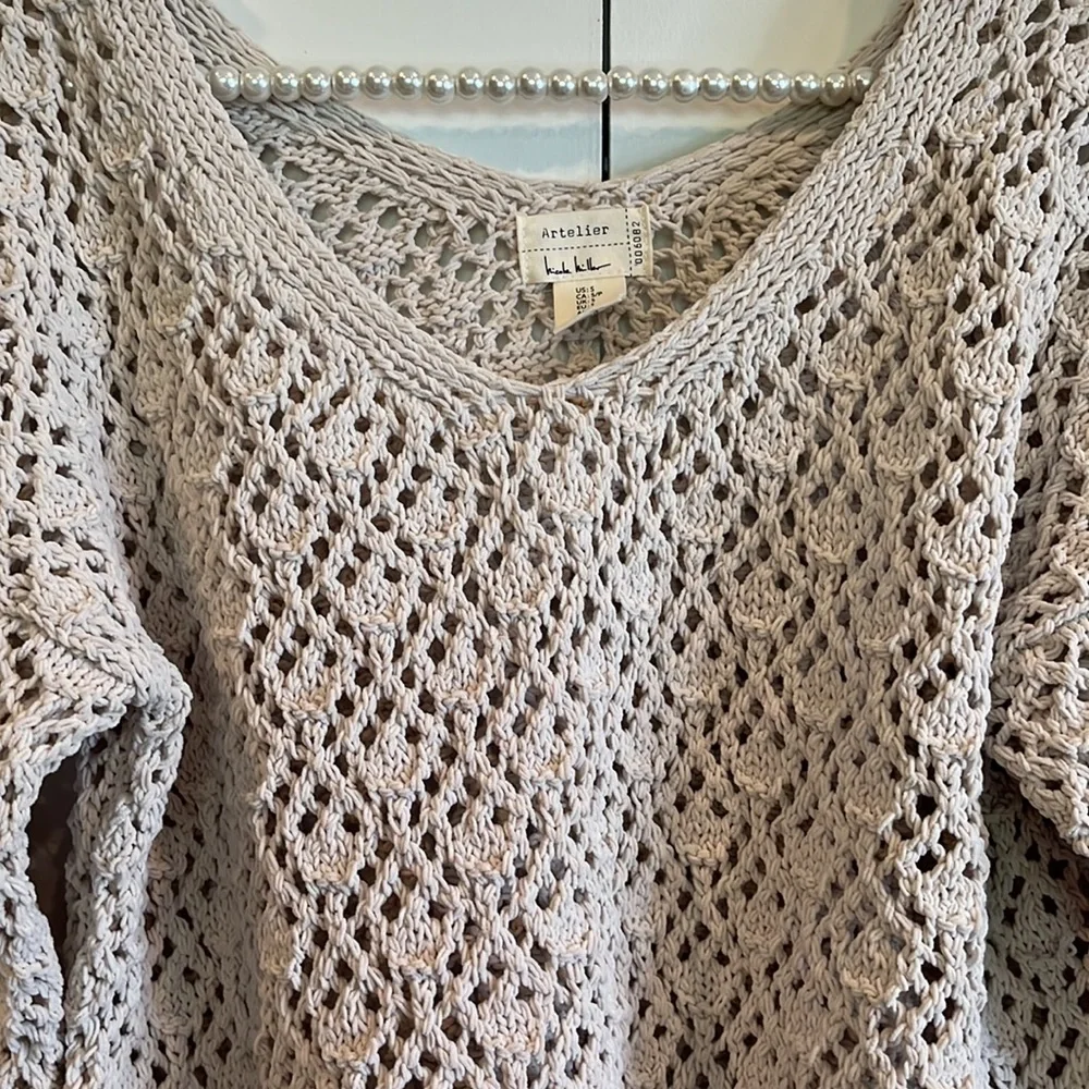 Artelier by Nicole Miller Open Chunky Knit Crochet Sweater Off Shoulder V Neck
